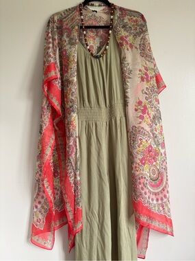 “SET”PrAna Sage Jumper with a Boho Floral Paisley Kimono - Coral/pink/yellow